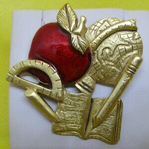 Red Enamel Apple Gold Tone School Brooch Enamel Apple Globe Earth Book Pencil